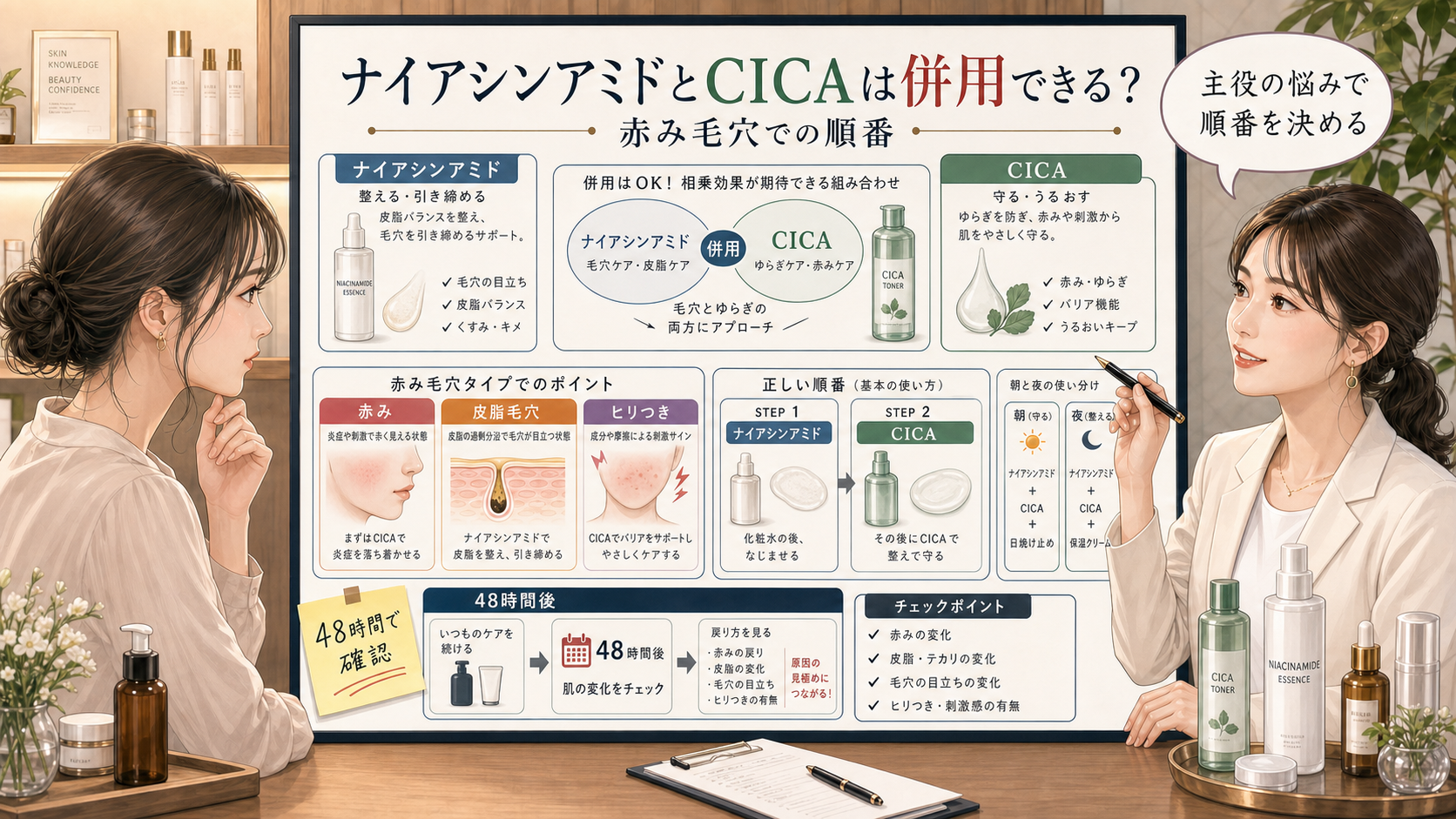 ナイアシンアミドとCICAの併用、赤み毛穴、皮脂毛穴、ヒリつき、順番、48時間後の戻り方を相談ボードで整理する女性と美容アドバイザーのイラスト