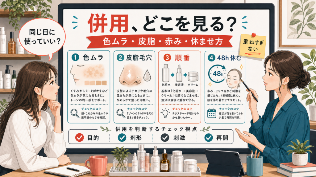 トラネキサム酸とナイアシンアミドの併用を色ムラ、皮脂毛穴、順番、48時間の休ませ方で整理する相談ボード