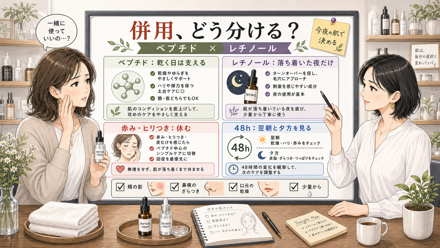 ペプチドとレチノールの併用をエイジング毛穴と乾燥で分ける美容相談アイキャッチ