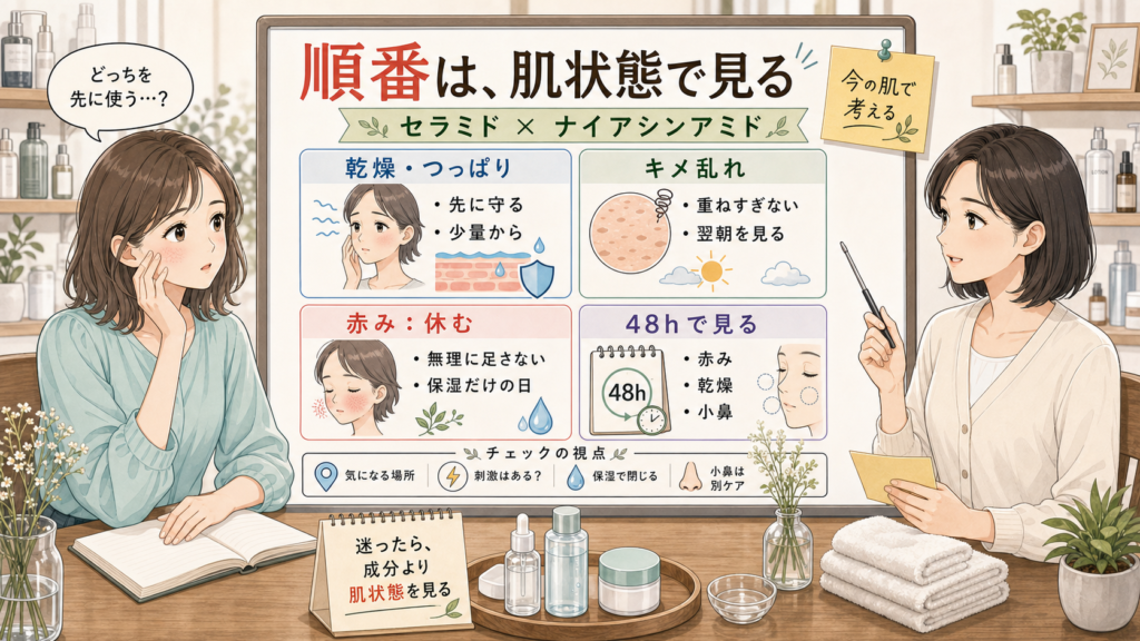セラミドとナイアシンアミドの順番を乾燥、キメ乱れ、48時間確認で整理した解説図