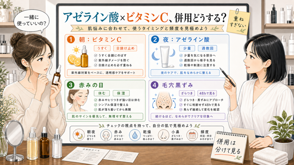 アゼライン酸とビタミンC併用を朝夜・赤み・毛穴黒ずみで整理する相談ボード