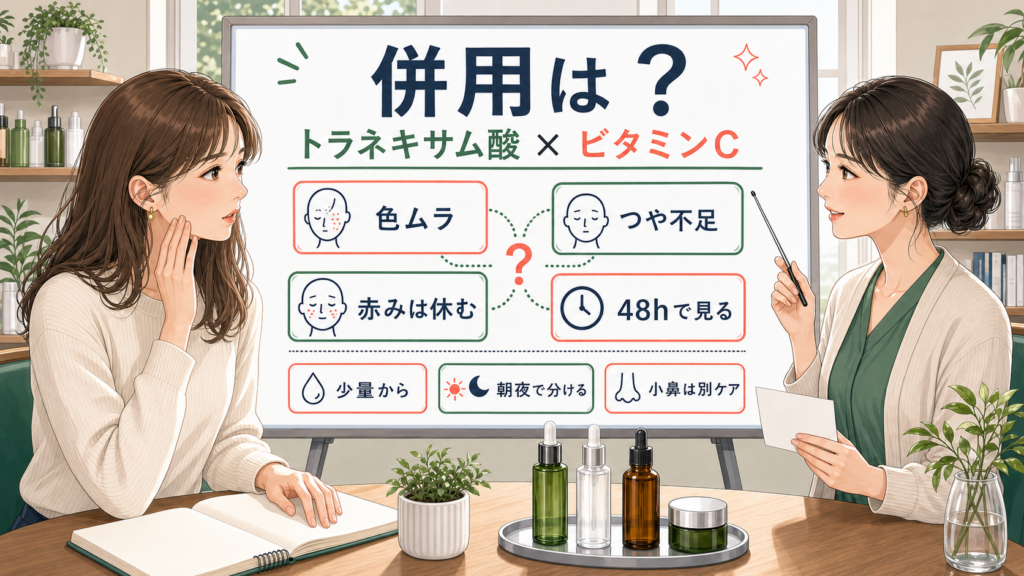 トラネキサム酸とビタミンC併用の順番を色ムラ、つや不足、48時間確認で整理した解説図