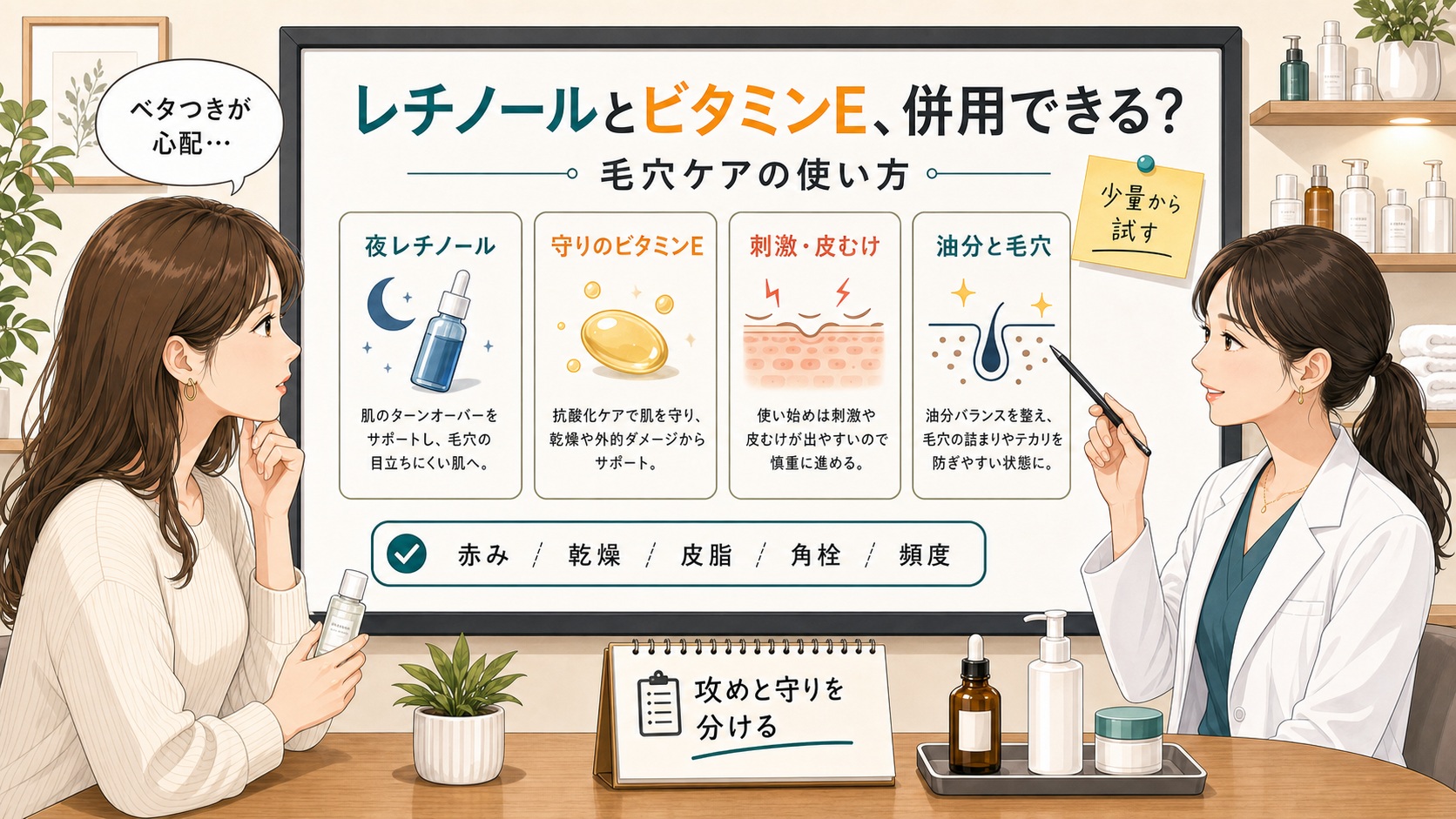 レチノールとビタミンEを併用する毛穴ケアの判断ボード