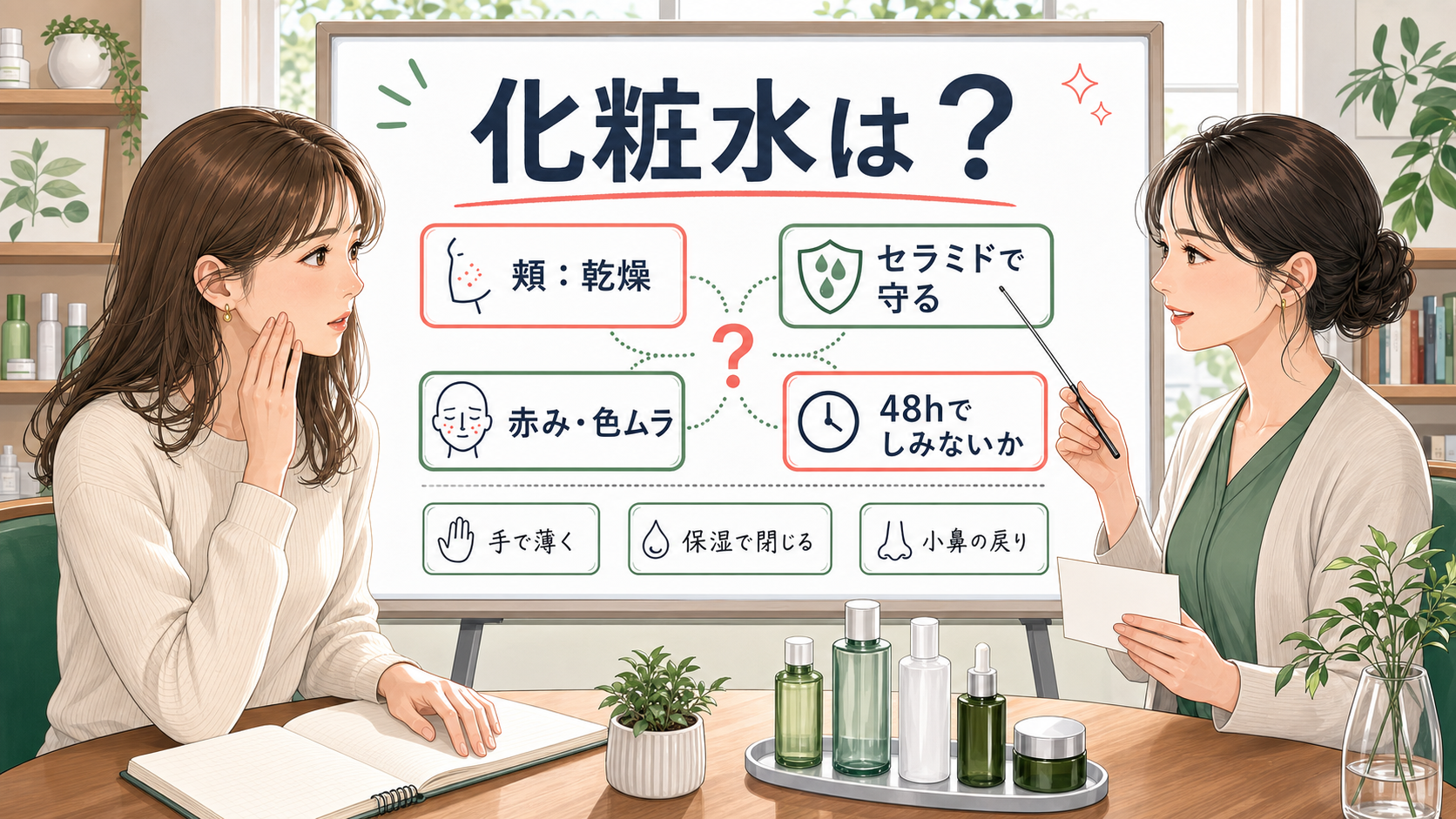 セラミドとトラネキサム酸化粧水の順番を乾燥、赤み、48時間確認で整理した解説図