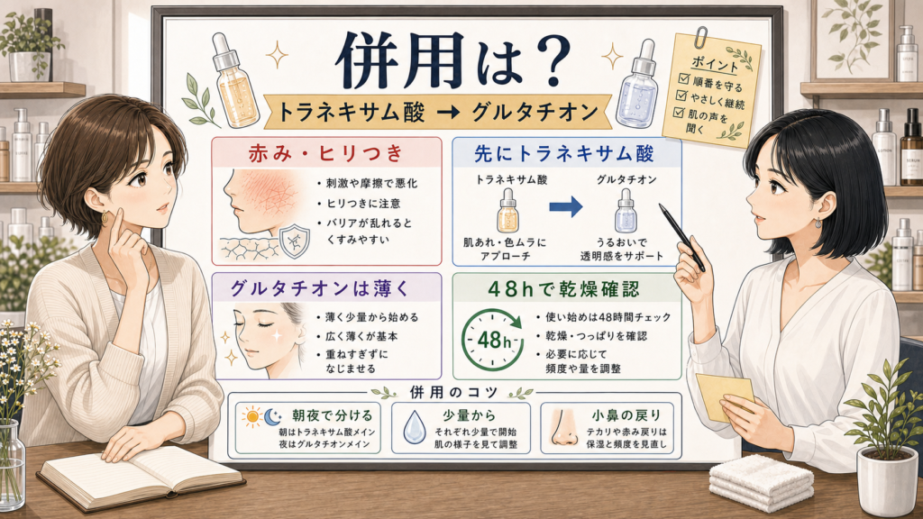 グルタチオンとトラネキサム酸の併用を赤み、順番、48時間確認で整理した解説図