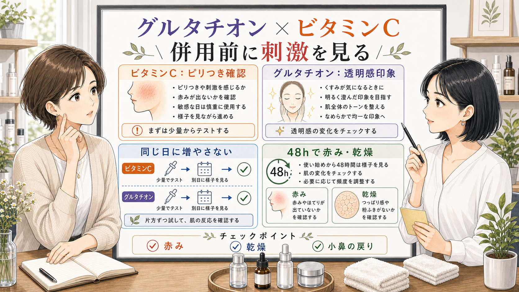 グルタチオンとビタミンC併用を刺激確認、朝夜、別日、48時間観察で整理した解説図