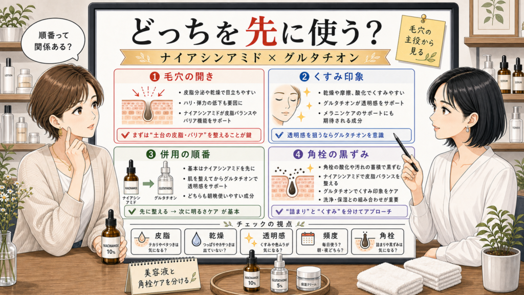 ナイアシンアミドとグルタチオンの順番を毛穴ケアで整理する相談ボード