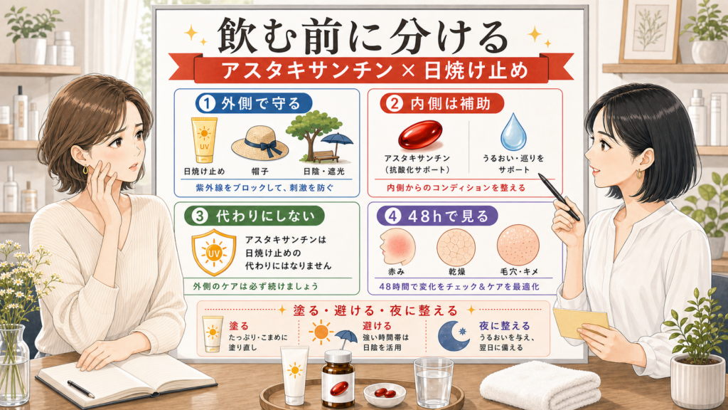 アスタキサンチンと日焼け止めの役割を外側の防御、内側の補助、48時間観察で整理した解説図