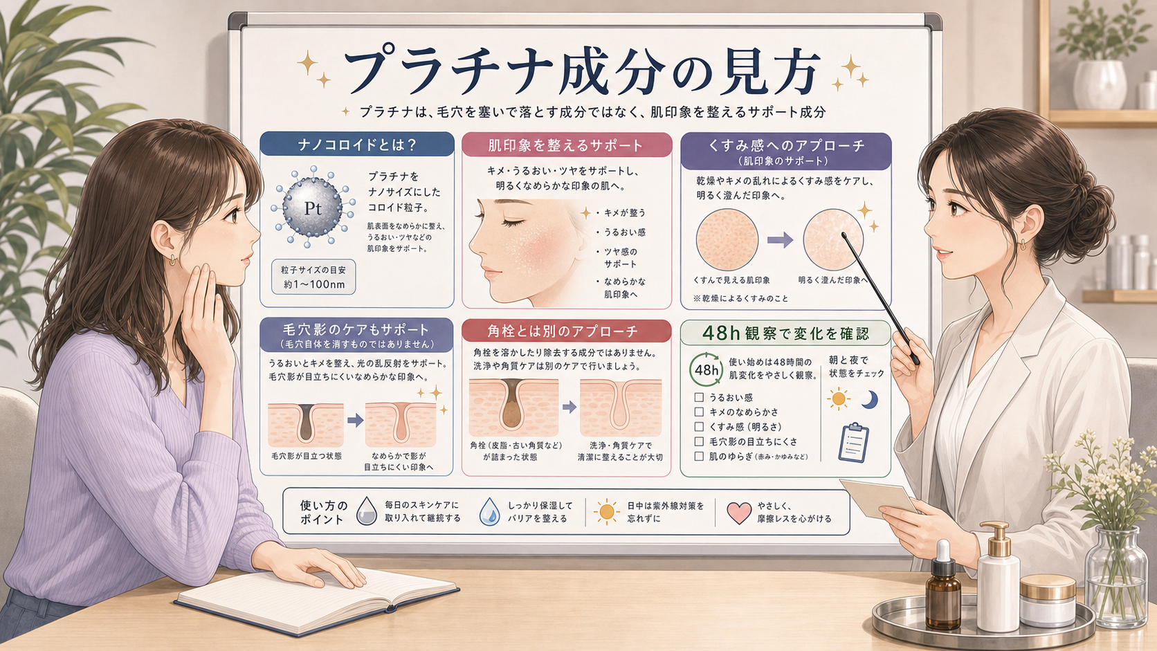 プラチナナノコロイドを肌印象、くすみ感、毛穴影、48時間観察で整理した解説図