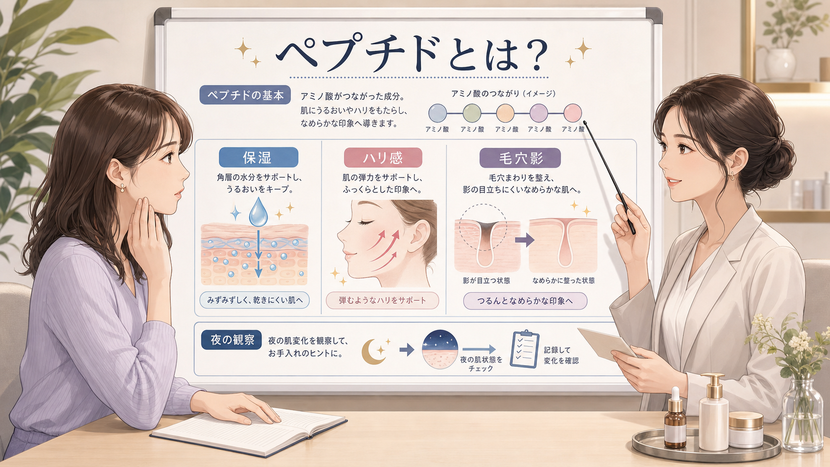 ペプチドとは化粧品でどう見るかを保湿、ハリ感、毛穴影で整理した解説図