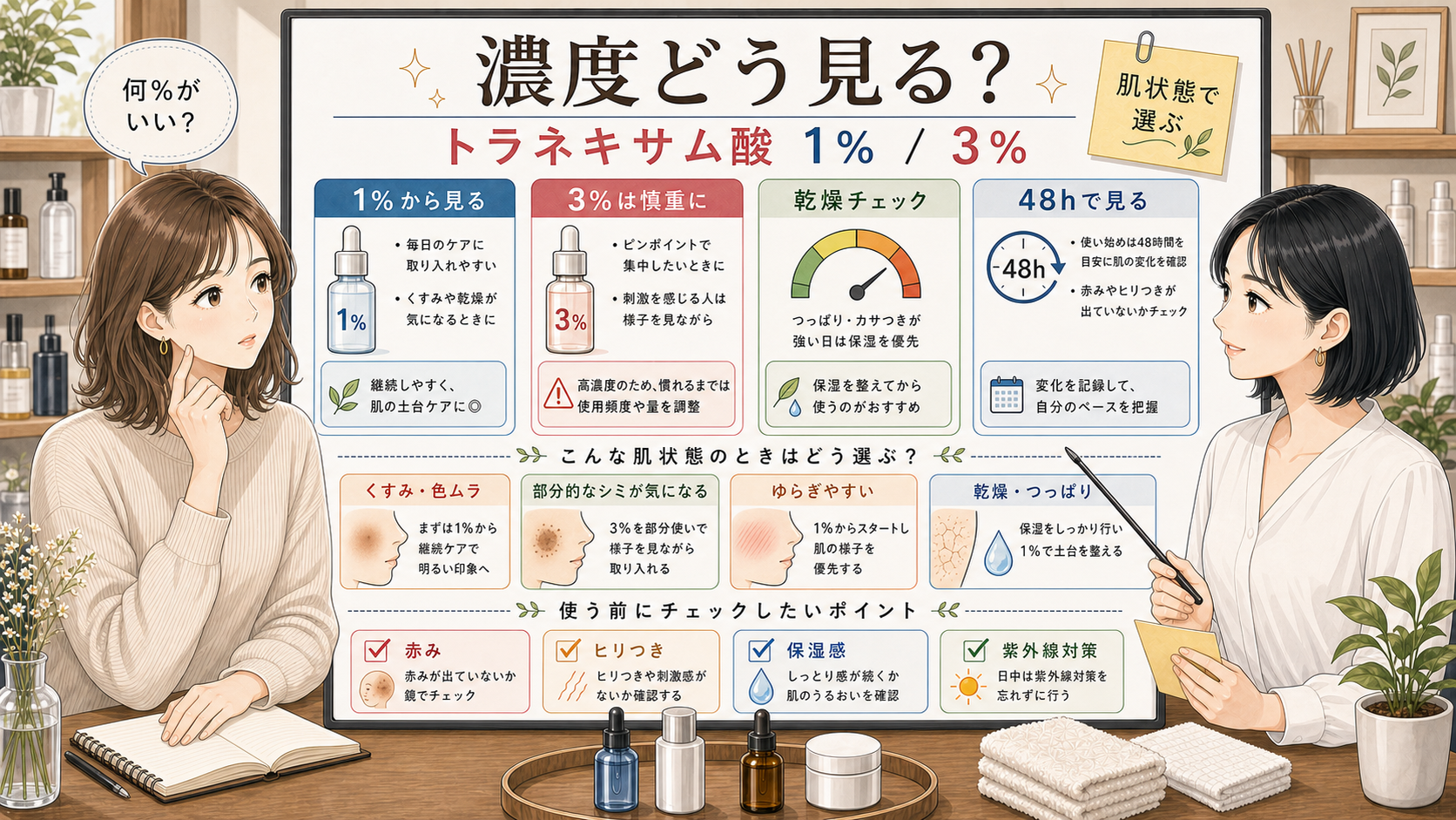 トラネキサム酸の濃度、1%と3%、肌状態や赤み乾燥の確認を説明するボード
