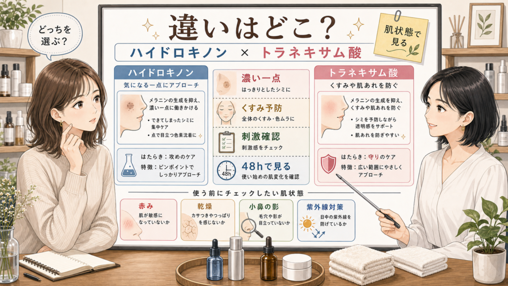 ハイドロキノンとトラネキサム酸の違い、シミケアの選び方、赤みや乾燥の確認を説明するボード