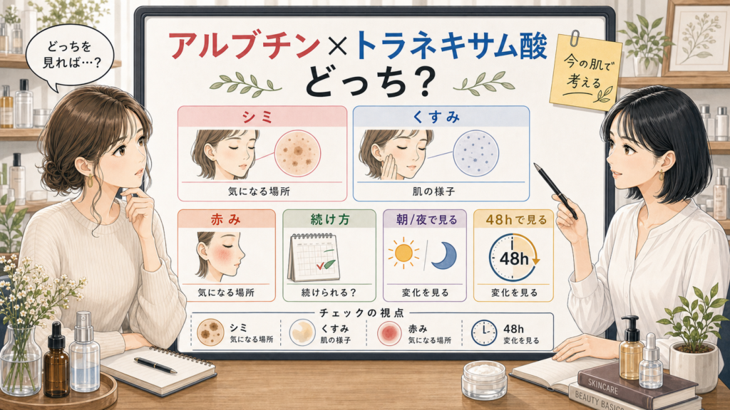 アルブチンとトラネキサム酸をシミ、くすみ、赤み、朝夜で分ける診断ボードのアイキャッチ