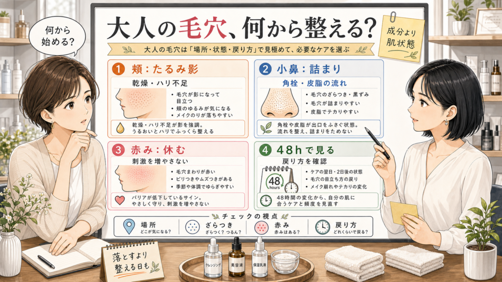 大人の毛穴ケアでたるみ・詰まり・赤みを分けて考える相談ボード