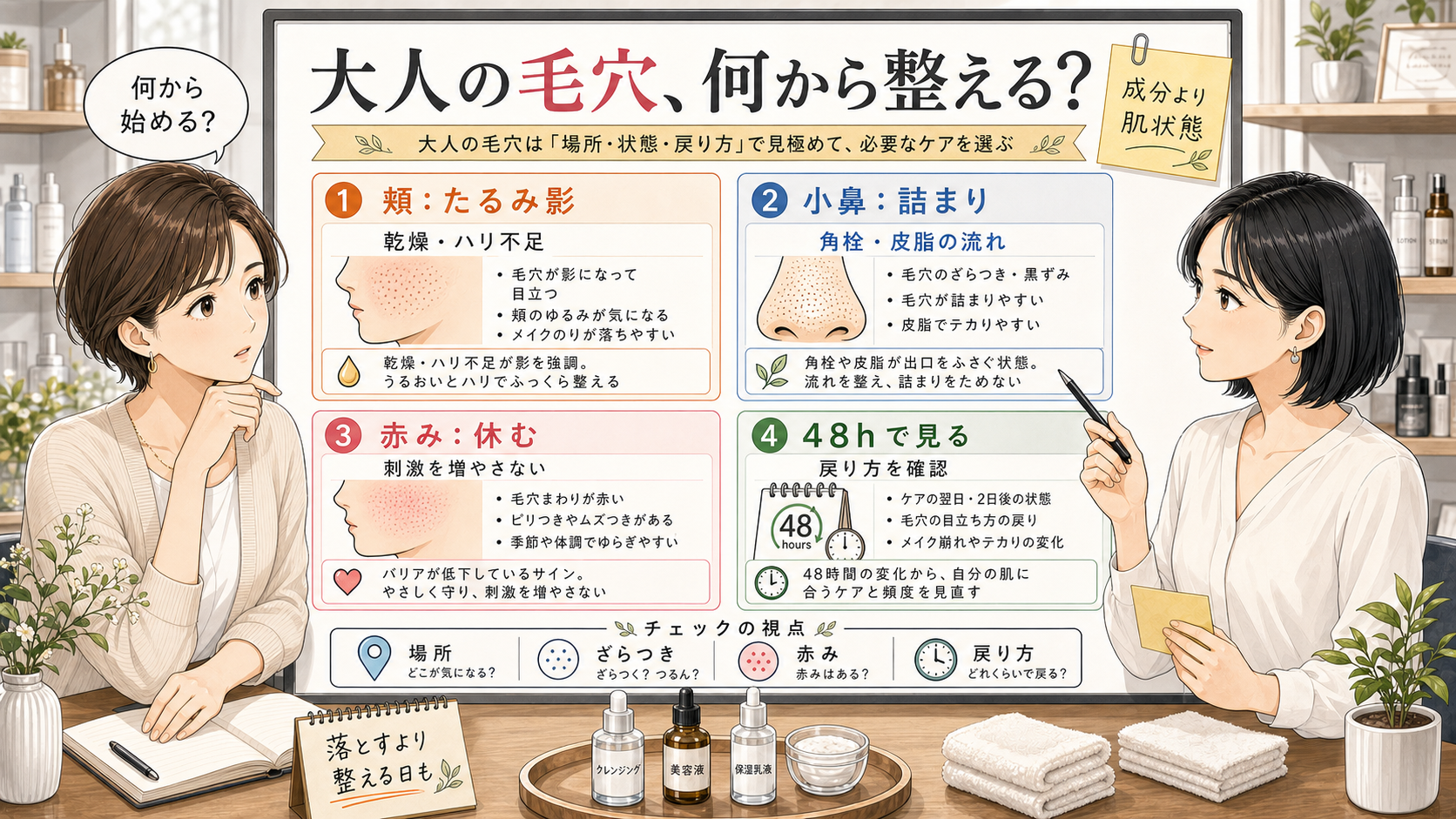 大人の毛穴ケアでたるみ・詰まり・赤みを分けて考える相談ボード