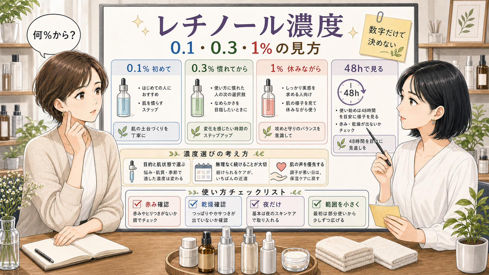 レチノール濃度0.1%・0.3%・1%を赤み、乾燥、48時間確認で選ぶための解説ボード
