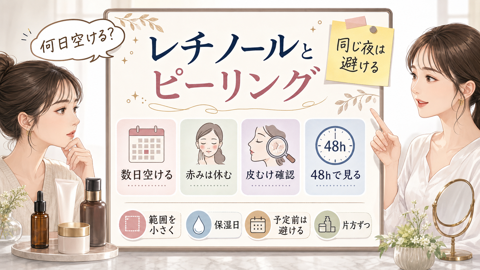 レチノールとピーリングの間隔を整理する美容メディア風アイキャッチ