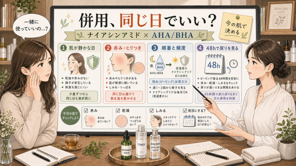 ナイアシンアミドとAHA/BHAの併用順番と赤み回避を整理した相談ボード