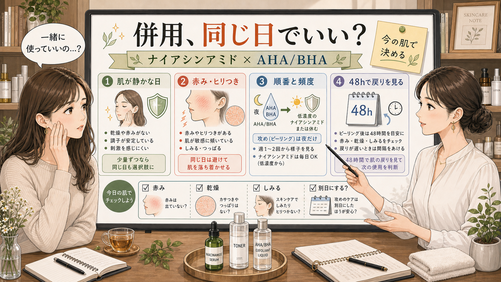 ナイアシンアミドとAHA/BHAの併用順番と赤み回避を整理した相談ボード