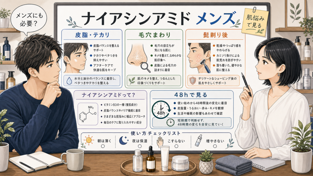 ナイアシンアミドはメンズに必要かを皮脂や毛穴や髭剃り後で整理する美容メディア風アイキャッチ
