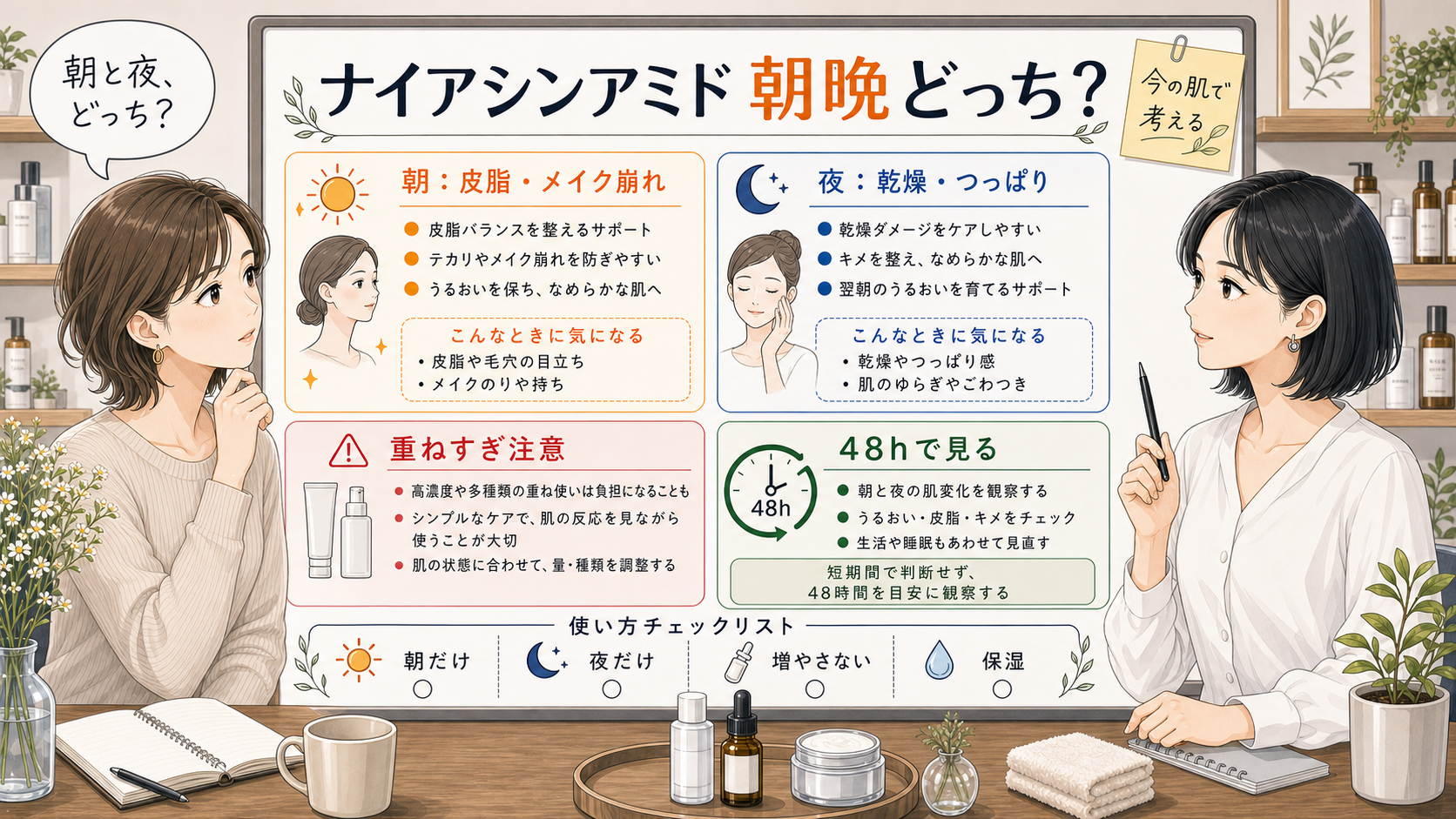 ナイアシンアミドは朝晩どっちかを朝夜の使い分けで整理する美容メディア風アイキャッチ