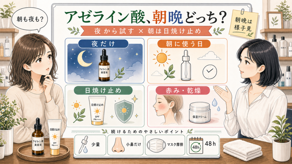 アゼライン酸を朝晩どちらに使うかと夜から始める使い方を解説する美容メディア図解