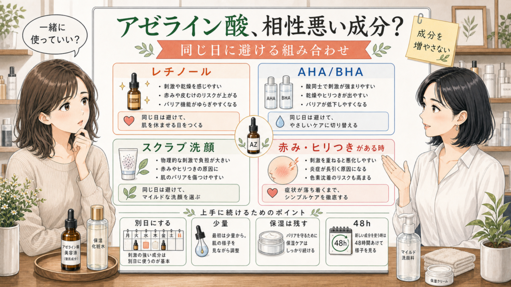 アゼライン酸と相性悪い成分や同じ日に避ける組み合わせを解説する美容メディア図解
