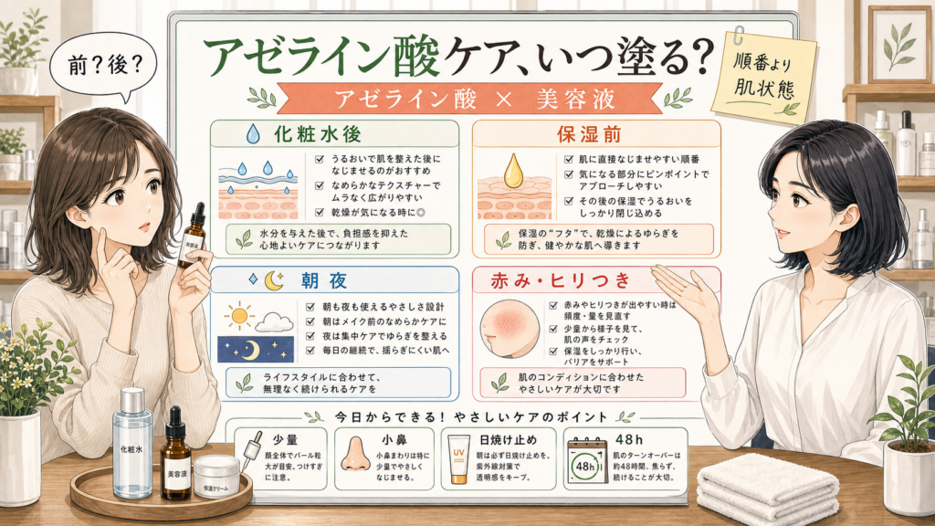 アゼライン酸美容液の順番と朝夜の使い方を解説する女性向け美容メディア図解