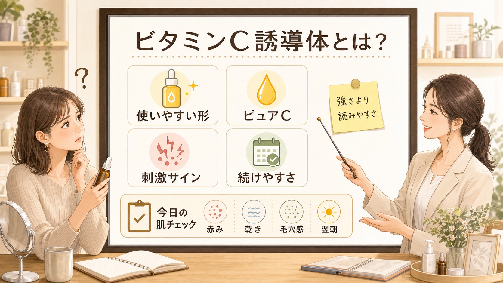 ビタミンC誘導体とピュアビタミンCの違いを肌状態で整理する美容相談ボード