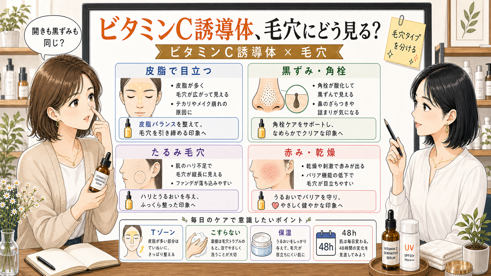 ビタミンC誘導体美容液と毛穴タイプを皮脂、黒ずみ、角栓、たるみ、赤みで整理する女性向け解説アイキャッチ