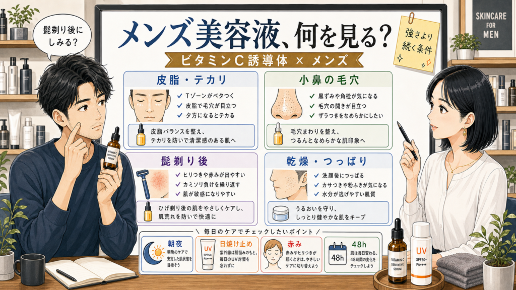メンズ向けビタミンC誘導体美容液の使い方を皮脂、毛穴、髭剃り後、乾燥で整理する解説アイキャッチ