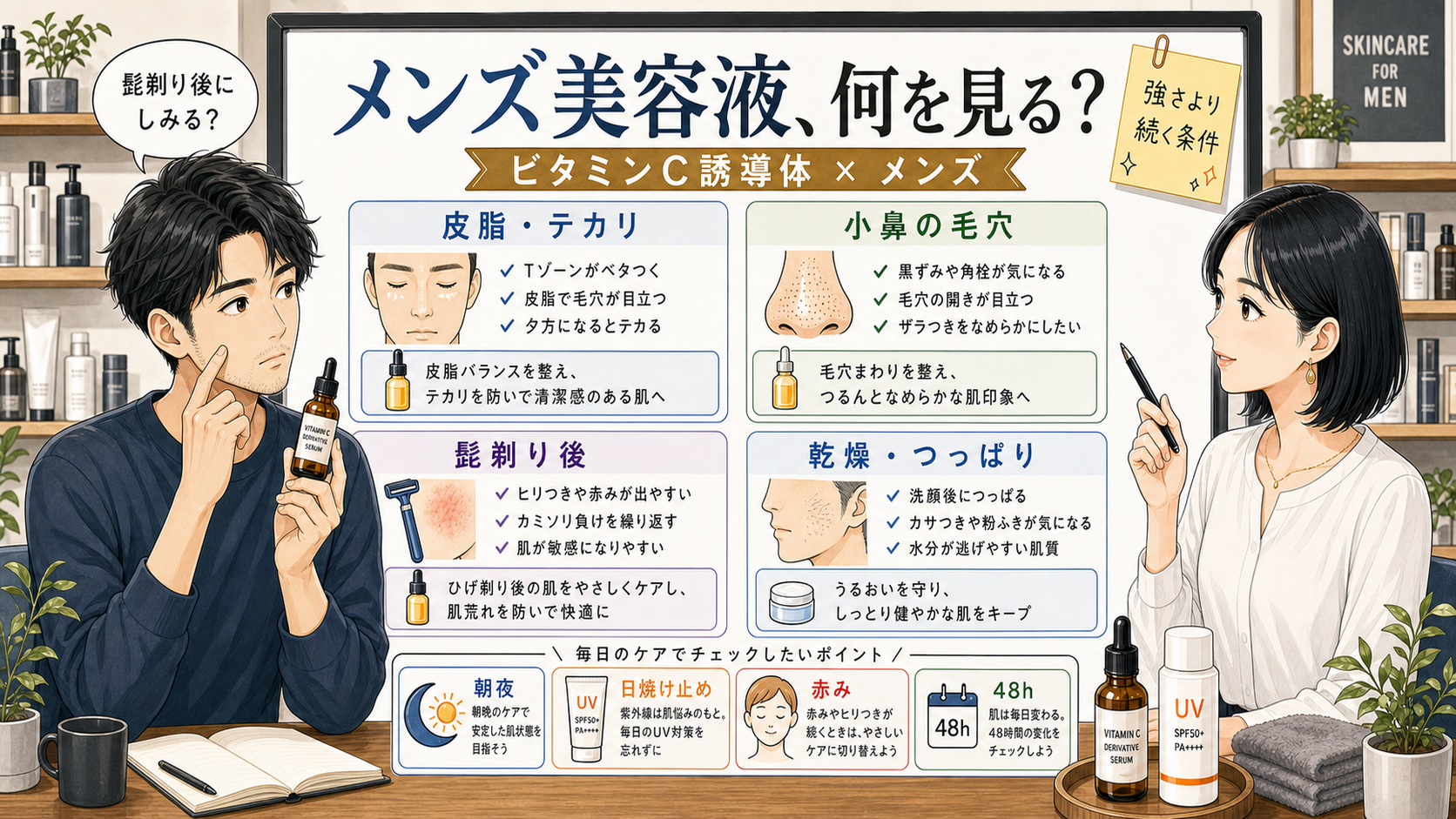メンズ向けビタミンC誘導体美容液の使い方を皮脂、毛穴、髭剃り後、乾燥で整理する解説アイキャッチ