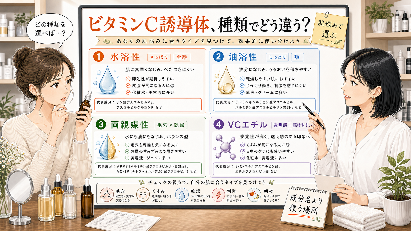ビタミンC誘導体の種類と違いを水溶性・油溶性・両親媒性で整理する相談ボード