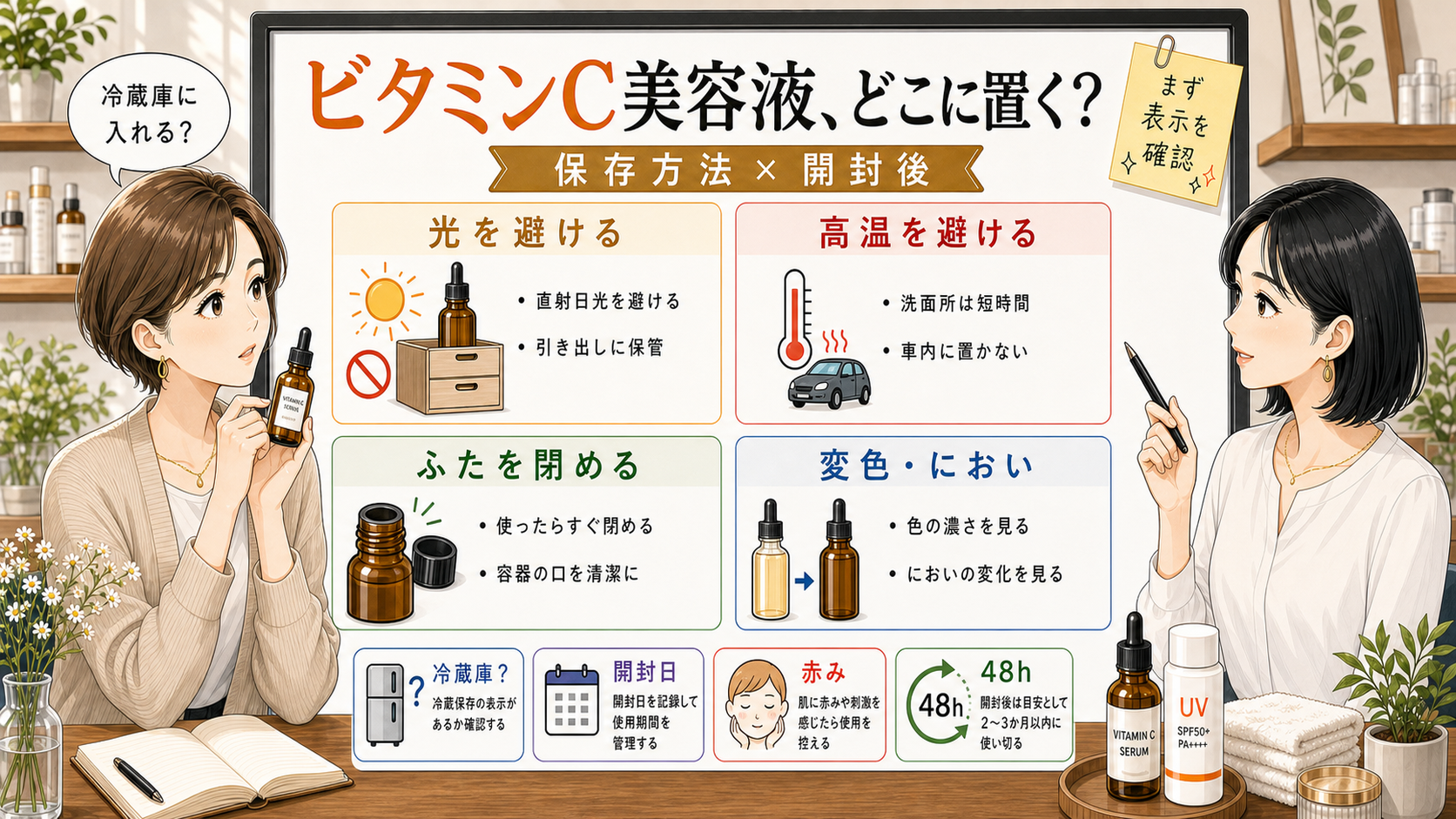 ビタミンC美容液の保存方法を光、高温、ふた、変色、開封後で整理する女性向け解説アイキャッチ