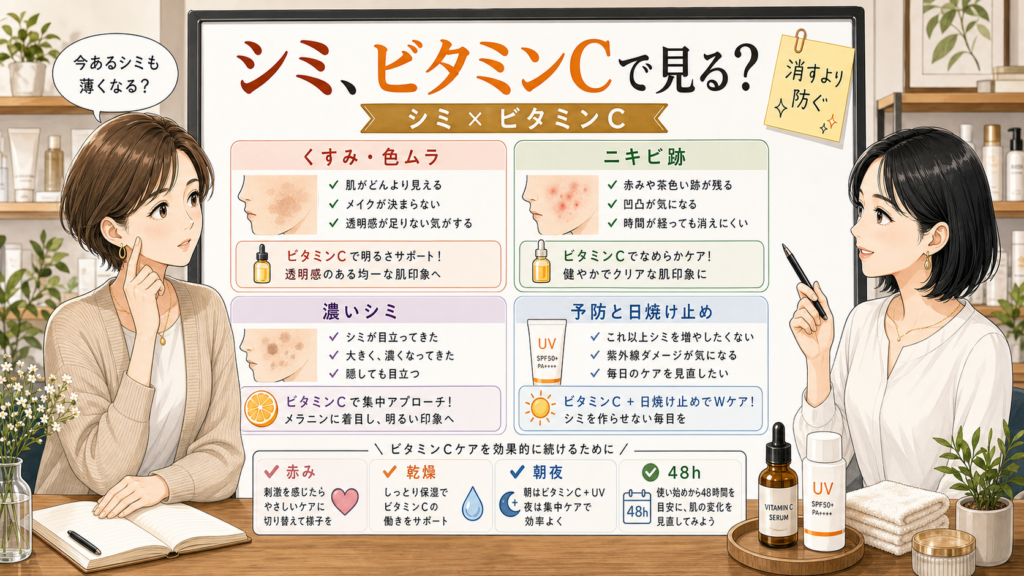 シミとビタミンCの使い方をくすみ、ニキビ跡、濃いシミ、予防で整理する女性向け解説アイキャッチ