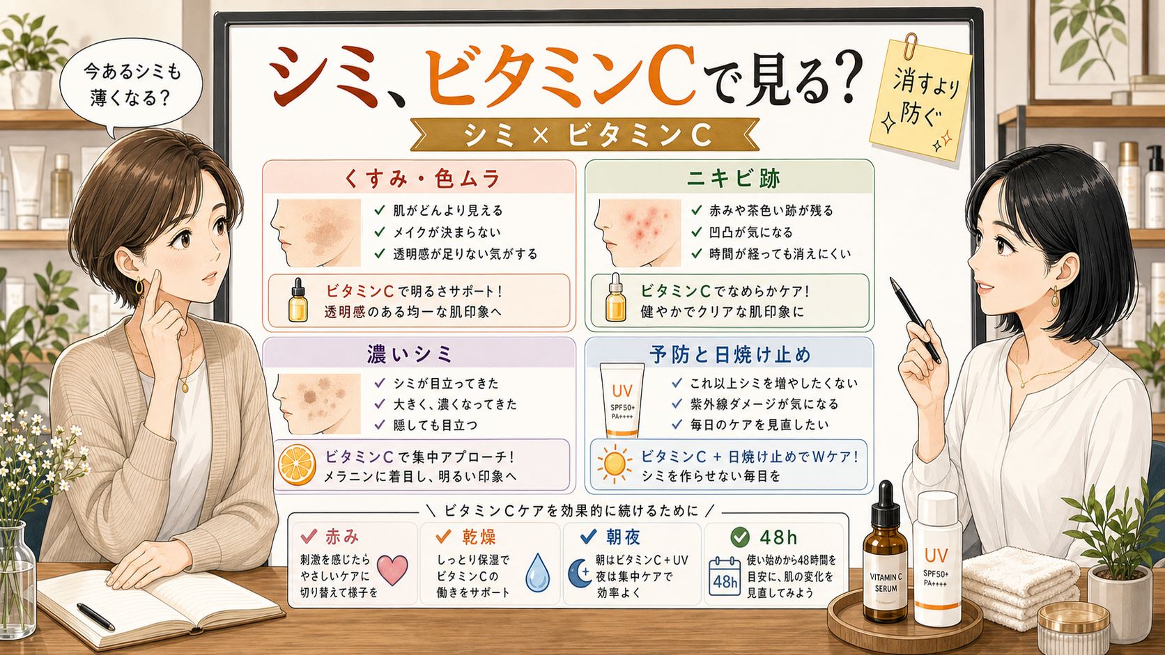シミとビタミンCの使い方をくすみ、ニキビ跡、濃いシミ、予防で整理する女性向け解説アイキャッチ