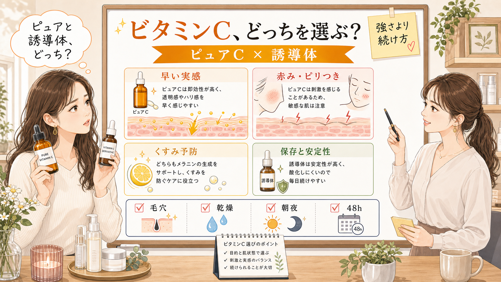 ピュアビタミンCとビタミンC誘導体の違いを毛穴や赤みで選ぶ解説ボード