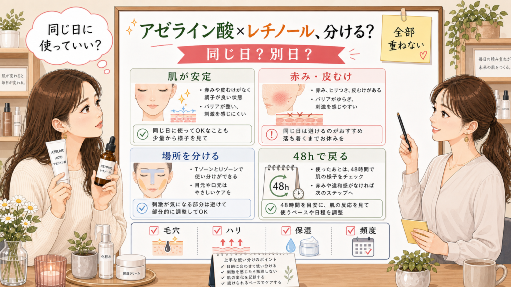 アゼライン酸とレチノールを同じ日に使うか別日に分けるかを判断する解説ボード