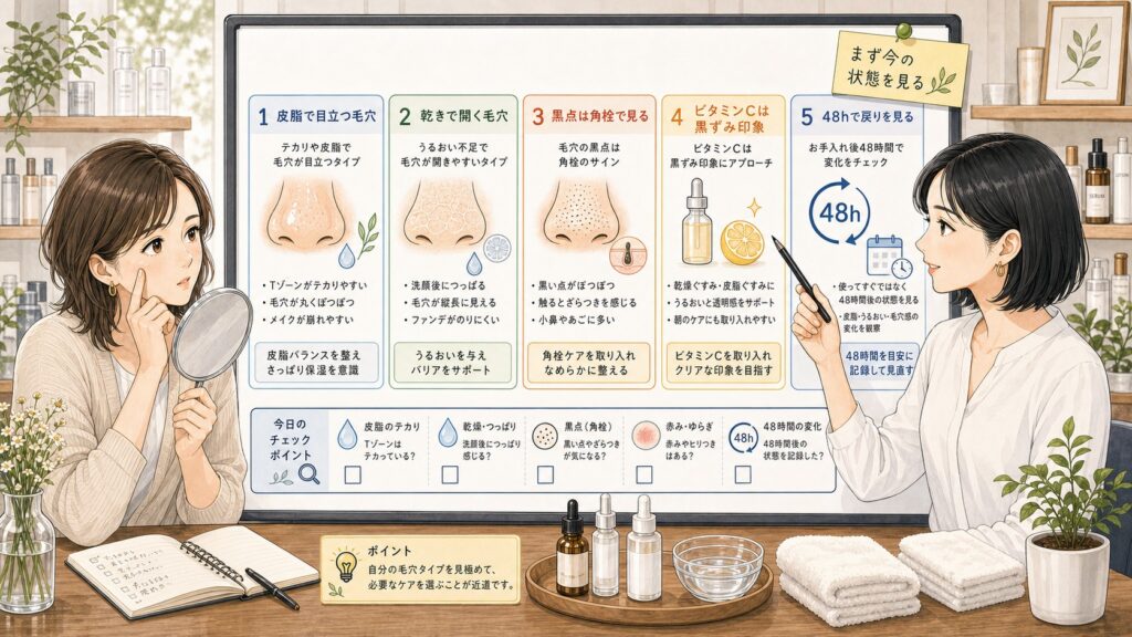 ナイアシンアミドの毛穴効果とビタミンCとの見方を整理した相談ボード風イラスト