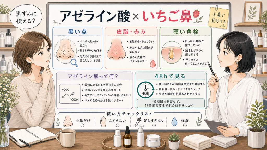 アゼライン酸をいちご鼻に使う時の黒ずみと角栓の見分け方を整理する美容メディア風アイキャッチ