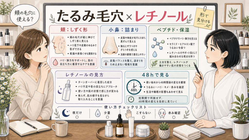 たるみ毛穴にレチノールを使う時の頬の縦毛穴とペプチドの見方を整理する美容メディア風アイキャッチ