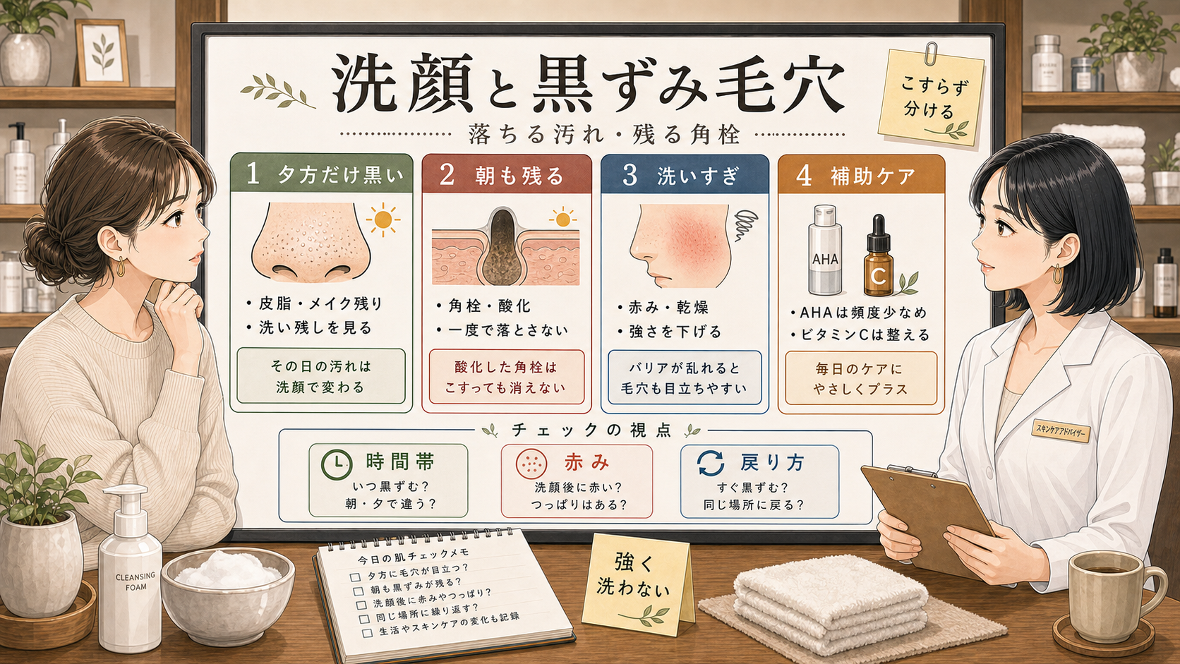 洗顔と黒ずみ毛穴の落ちる汚れと残る角栓を整理する相談ボード