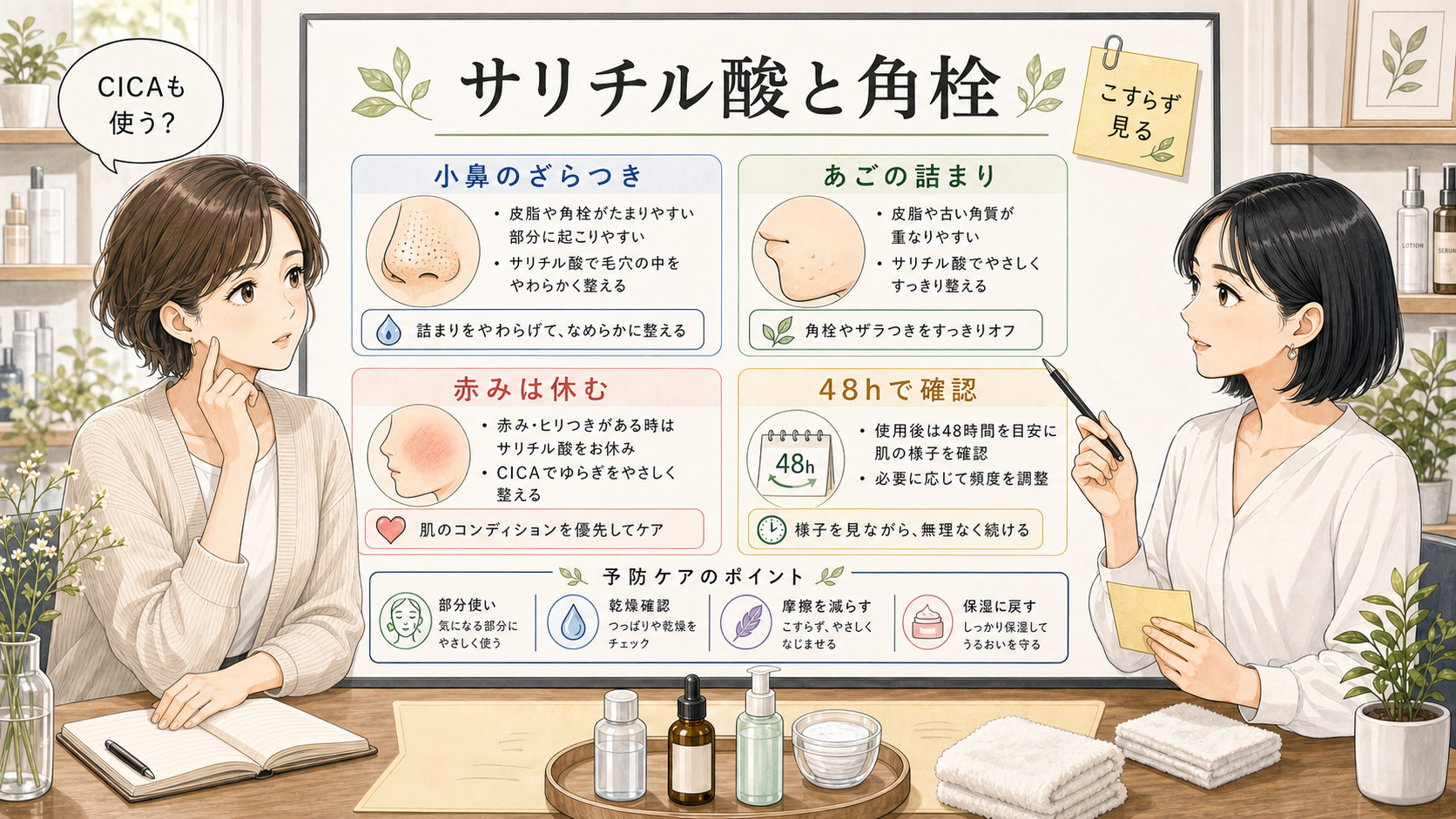 サリチル酸と角栓ケアをCICAと分けて整理する美容メディア風アイキャッチ