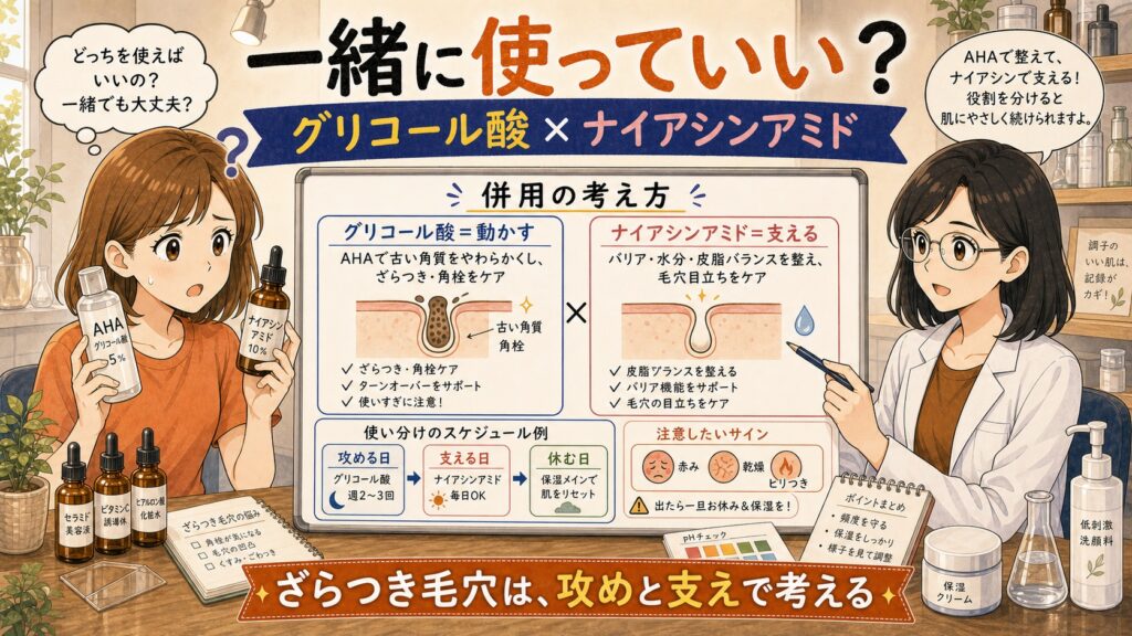 グリコール酸とナイアシンアミドの併用をざらつき毛穴で使い分けるChocobraアイキャッチ