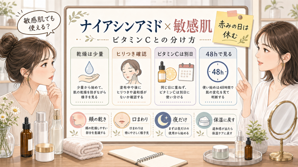 ナイアシンアミドを敏感肌で使う時の見方を整理する美容メディア風アイキャッチ