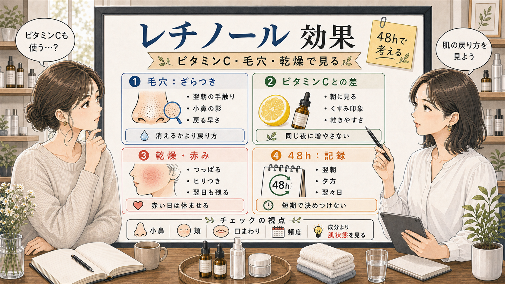 レチノールの効果をビタミンCとの違い、毛穴、乾燥、赤み、48時間で整理する美容相談アイキャッチ