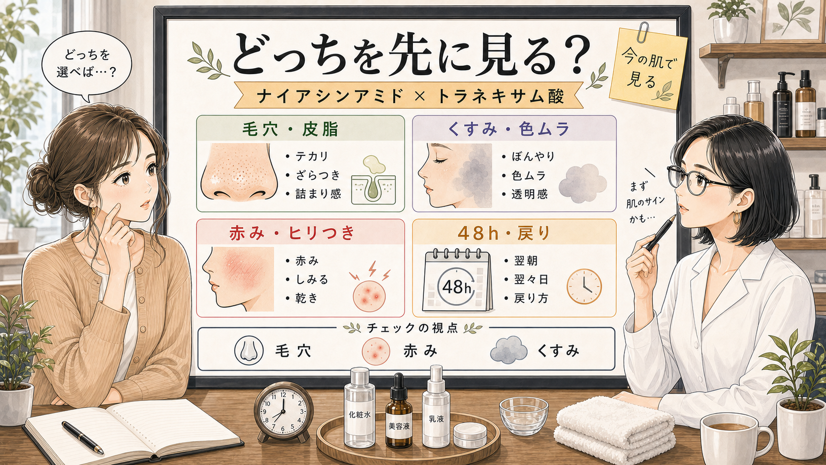 ナイアシンアミドとトラネキサム酸の選び方を毛穴とくすみで整理する美容相談アイキャッチ