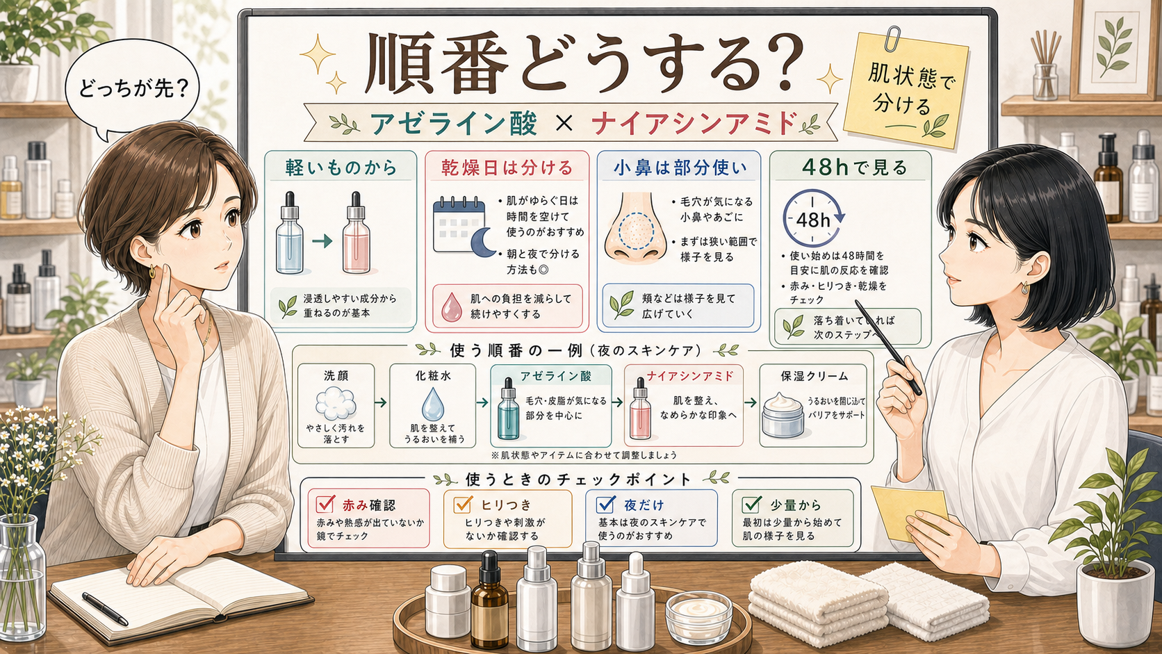 アゼライン酸とナイアシンアミドの順番、毛穴ケアでの重ね方、赤みと乾燥の確認を説明するボード