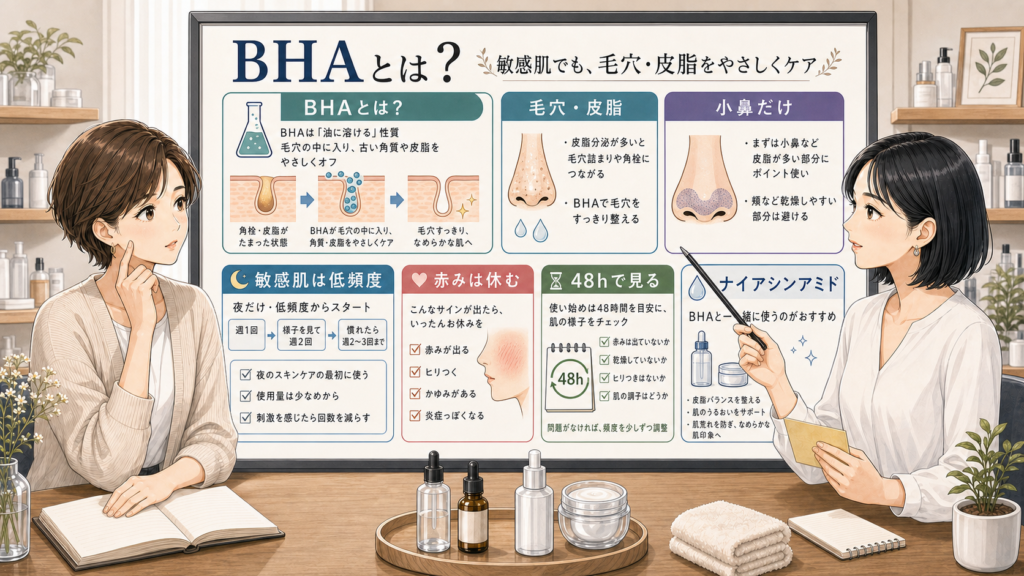 BHAとは何か、敏感肌の毛穴ケア、低頻度の使い方と赤みの休み方を説明するボード