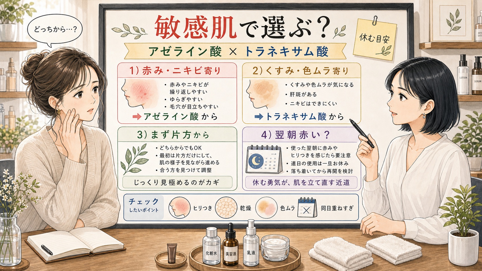 アゼライン酸とトラネキサム酸を敏感肌で選ぶ判断ボード